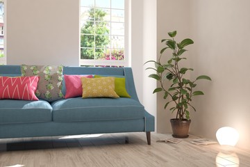 Idea of white room with sofa and summer landscape in window. Scandinavian interior design. 3D illustration