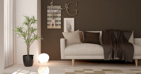 Idea of minimalist room with sofa. Scandinavian interior design. 3D illustration