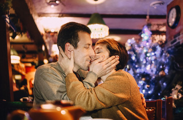 family couple love happy cafe holiday christmas