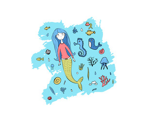 Mermaid and sea set. Vector illustration.