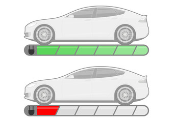 Electric car with battery status indicator. Electromobility concept. Side view. Flat vector.