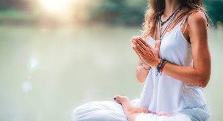 Mindfulness and Meditation. Yoga Woman. Hands in Prayer Position.