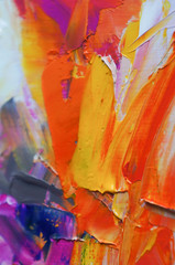 Fragment of multicolored texture painting. Abstract art background. oil on canvas. Rough brushstrokes of paint. Closeup of a painting by oil and palette knife. Highly-textured, high quality details.