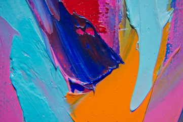 Fragment of multicolored texture painting. Abstract art background. oil on canvas. Rough brushstrokes of paint. Closeup of a painting by oil and palette knife. Highly-textured, high quality details.