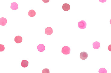 Seamless pattern with light pink polka dots painted in watercolor on white isolated background - obrazy, fototapety, plakaty