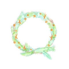 Christmas wreath with pine tree branches, golden stars and confetti painted in watercolor on clean white background