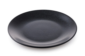 Black empty ceramic plate, side view of an isolated object