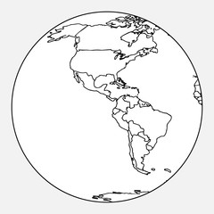Map of North and South America. Vector outline map of South America, North America. Hand drawn globe, map of South and North America.