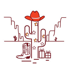 Merry Christmas cactus illustration with garland and cowboy western clothes