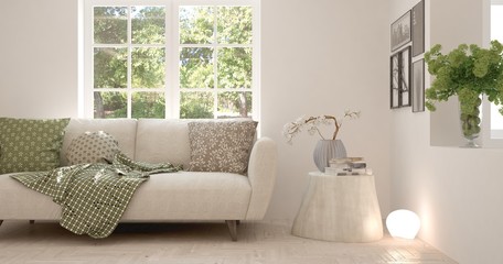 Idea of white room with sofa and summer landscape in window. Scandinavian interior design. 3D illustration