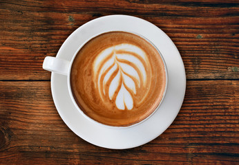 Top view of hot coffee latte cappuccino cup