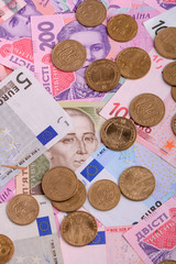 dollars euro hryvnia banknotes background close up