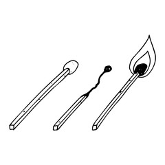 Row of wooden matches. Vector illustration of a match. Hand drawn match.