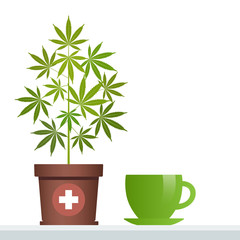 Cannabis herbal tea and marijuana plant. Isolated vector illustration on white background.