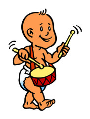 baby boy with diaper goes with drum and sticks cartoon