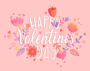 Happy Valentines day card on pink background with floral ornament. Greeting posters, brochure, banners, invitation. Vector illustration.
