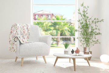 Idea of white room with armchair and summer landscape in window. Scandinavian interior design. 3D illustration