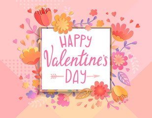 Happy Valentines day card template with square frame on geometric background with floral ornament. Greeting posters, brochure, banners, invitation. Vector illustration.