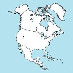 North America. Mainland. Map of North America. Vector illustration outline map of North America. Hand drawn atlas, globe, map of North America.