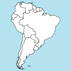 Map of South America. Vector illustration outline map of South America. Hand drawn atlas, globe, map of South America.