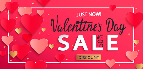 Valentines day sale background with gold hearts, poster template. Pink abstract background with hearts ornaments from paper, origami style. Discount flyer, card for february 14.Vector illustration.