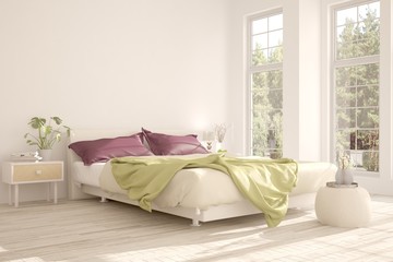 Fototapeta na wymiar White bedroom with summer landscape in window. Scandinavian interior design. 3D illustration