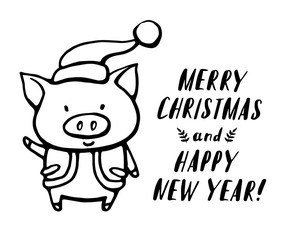 Illustration of funny pig character in Santas clothes. Vector set hand drawn illustration. Christmas card, poster, t-shirt composition, hand drawn print.