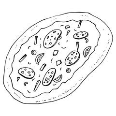 Pizza with meat. Vector illustration pizza with sausage and vegetables. Hand drawn pizza.