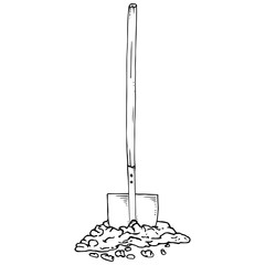 Shovel with the ground. Vector of a shovel with a wooden handle. Hand drawn shovel.
