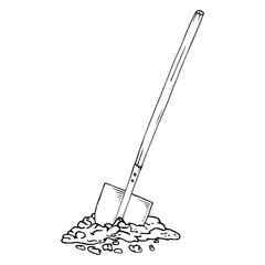 Shovel with the ground. Vector illustration of a shovel with a wooden handle. Hand drawn shovel.