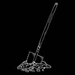 Shovel with the ground on a black background. Vector illustration of a shovel with a wooden handle. Hand drawn shovel.