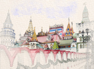 Fototapeta premium Stylized by watercolor sketch painting of beautiful view of kremlin in Izmailovo, Moscow, Russia on a textured paper. Retro style postcard.
