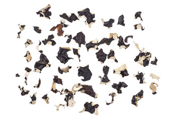 Lot of slices of dry black mushroom jew ear variety flatlay isolated on white background