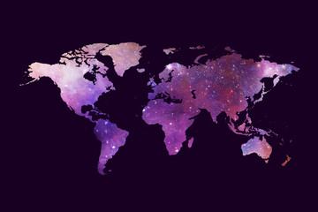 Fototapeta na wymiar Abstract Artistic Multicolored World Map On A Dark Purple Background