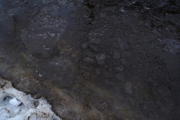 Black dirty water background with ice.