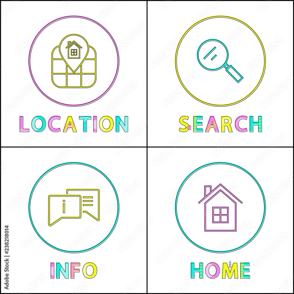 Poster object location information retrieval icons set