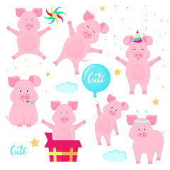 Funny pigs having fun. Cute piglets celebrate their birthday. Boars at a party.