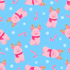 Cute pig sitting in a scarf and with deer horns with a garland. Funny piggy. Christmas candy seamless pattern for New Year.