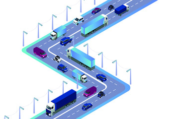 Road with cars, truck used for workflow layout, game, diagram, number options, web design and infographics. Isometric flat illustration on white background