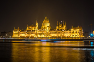 Hungarian Parliament Building on the bank of the Danube in Budapest at night