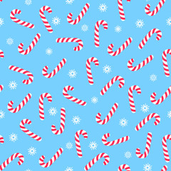 Christmas candy cane. Falling snowflakes. New Year seamless pattern.