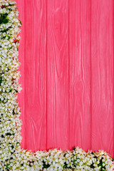Beautiful spring bloom flowers on pink wooden background
