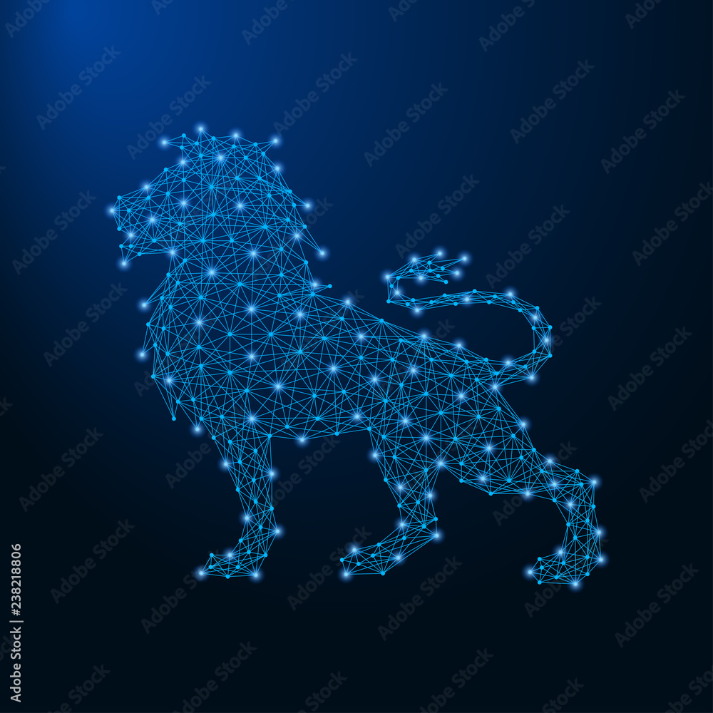 Poster lion made by points and lines, polygonal wireframe mesh, low poly animal illustration. vector.