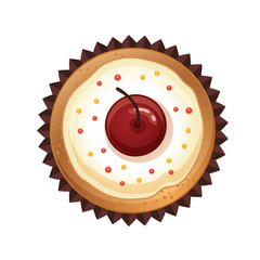 Vector cupcakes with cherries. Top view flat icon on white background.