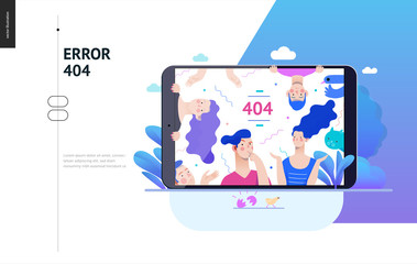 Business series, color 2- error 404 -modern flat vector concept illustration of page Error 404 - puzzled people on the tablet screen. Page not found metaphor Creative landing page design template