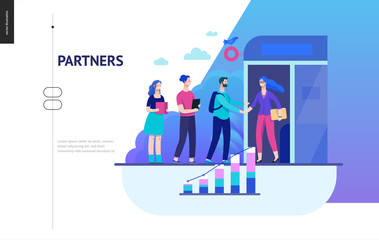 Business series, color 2 - partners -modern flat vector illustration concept of people shaking their hands in the office entrance. Business workflow management. Creative landing page design template