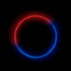 Blue and red neon glowing circle at black background.