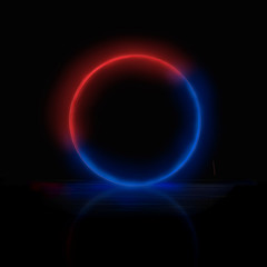 Blue and red neon cirkle frame with reflection isolated at black background. 