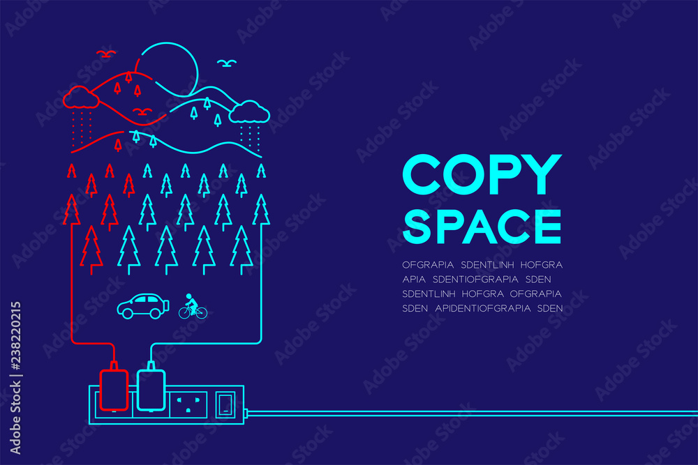 Poster power strip connect outline stroke set dash line design, nature power saving concept illustration is