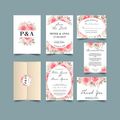Wedding Invitation set with watercolor rose pink vintage